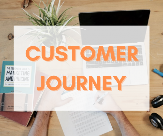 Una scrivania su cui sono appoggiati un computer, una pianta e dei fogli. Sull'immagine è stata inseria la foto "Customer Journey"